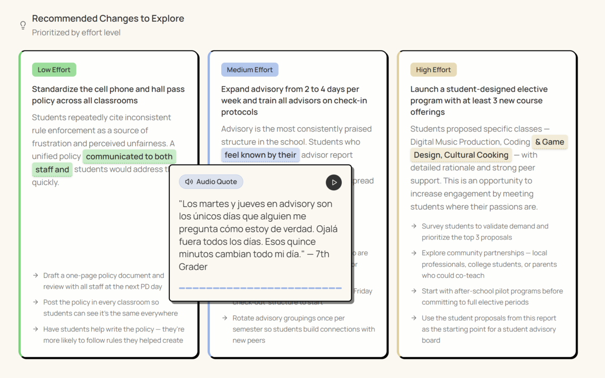 Recommended changes sorted by effort, with a translated student quote