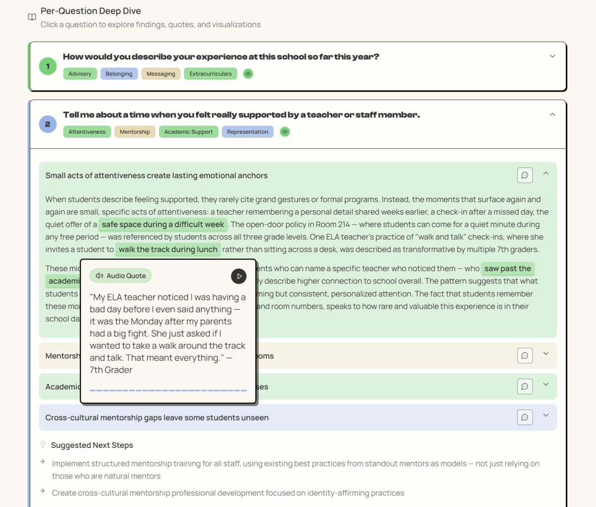 A question deep-dive screen with a quote and its audio player