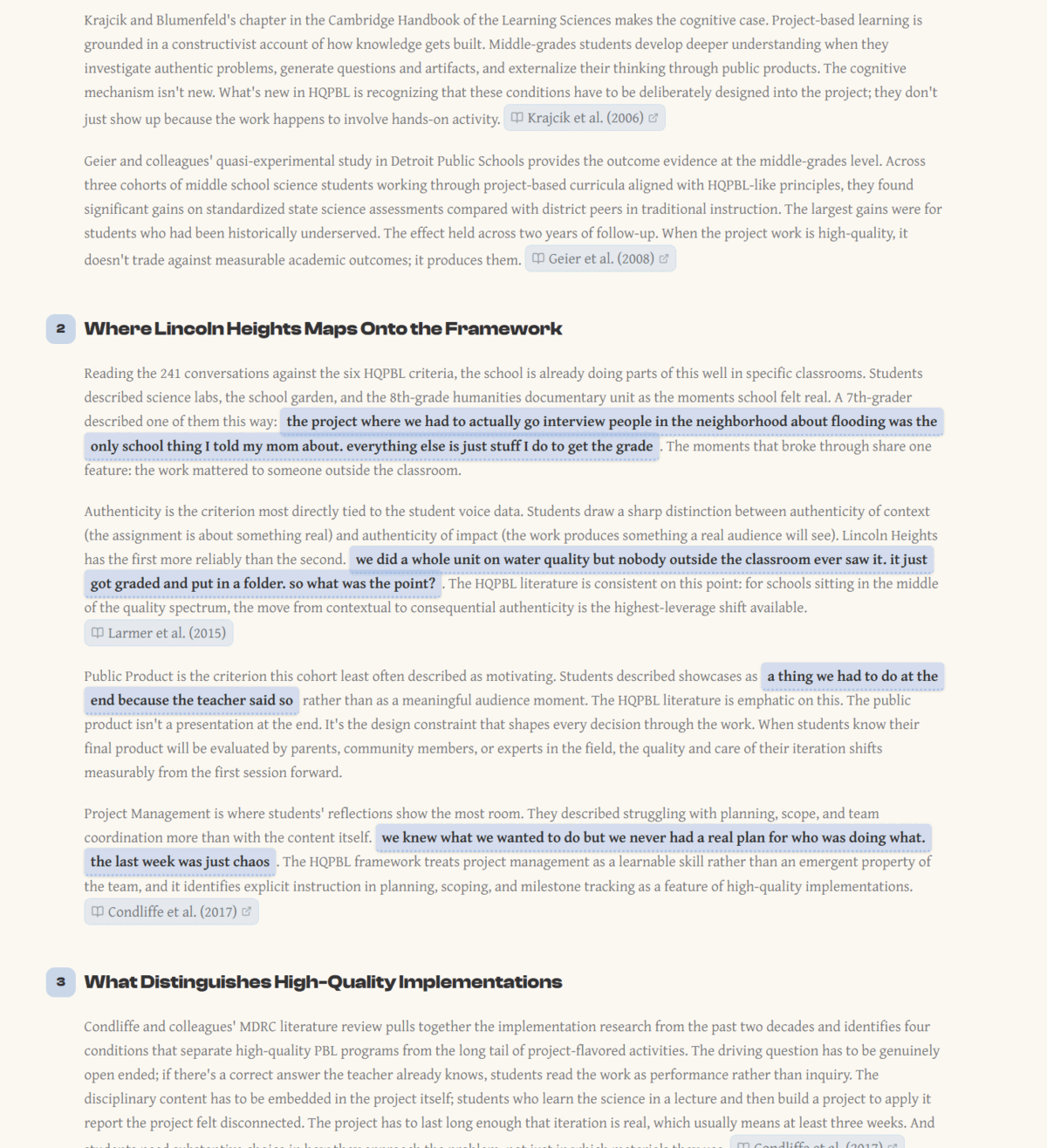 A finding showing a student quote next to its supporting research citation