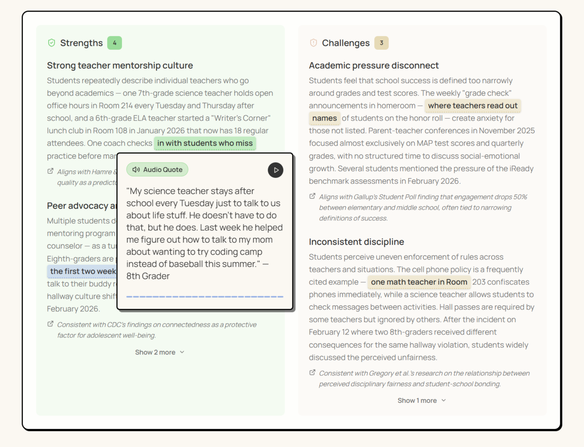 A report panel listing strengths and challenges drawn from student conversations